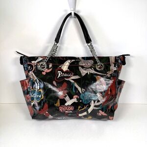 Sakroots Black "Nature Peace" Large Tote Bag, Coated Canvas, New Handles, Boho